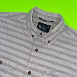 Carhartt Mens Loose Fit Striped‎ Short Sleeve Button Down Work Shirt Grey Large